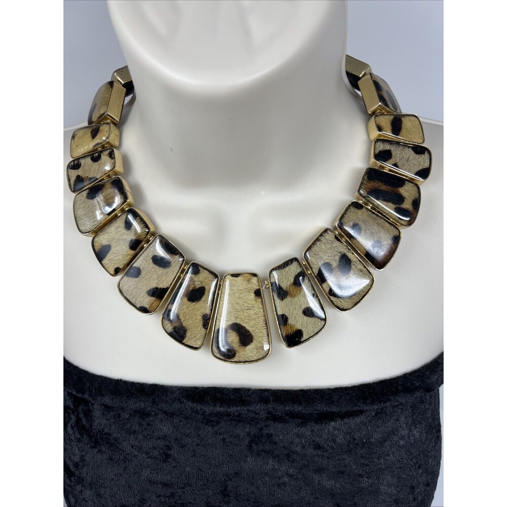 Chico's Necklace Reversible Leopard-Print Calf Hair Black & Gold Chunky Bib